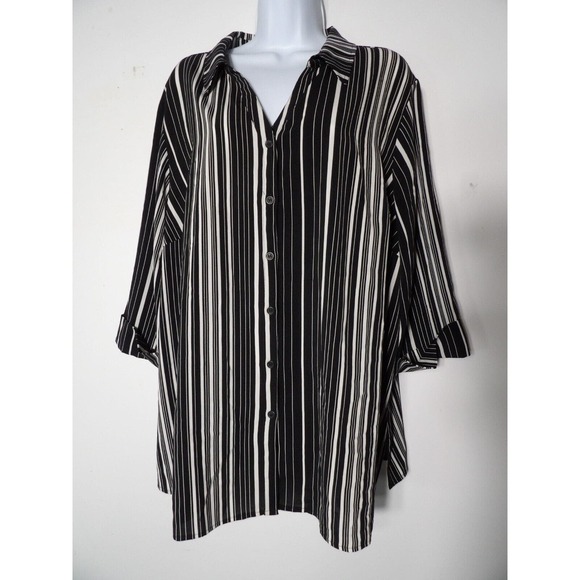Black & White Tops - Catherines 1X 18/20 Blouse Black White Striped Collared Button Office Career